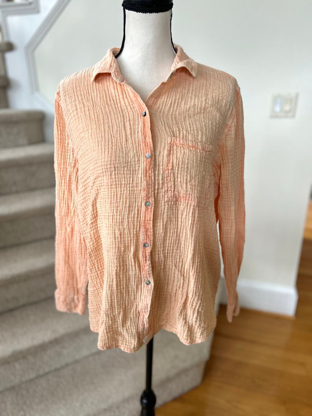 Lola River Apricot Peach Orange Crinkle Gauze Cotton Long Sleeve Button Down